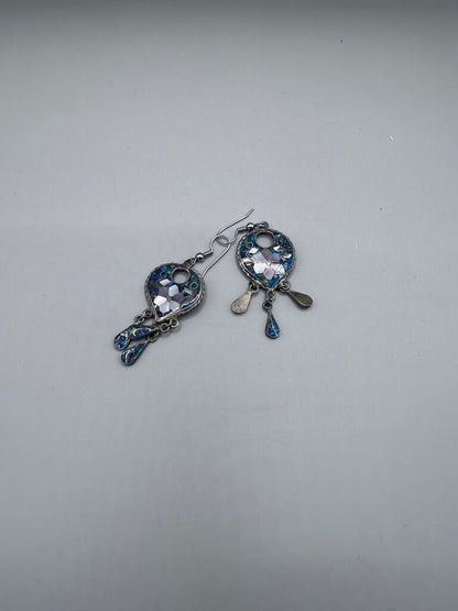 VINTAGE MEXICO STERLING FLORAL INLAY EARRINGS