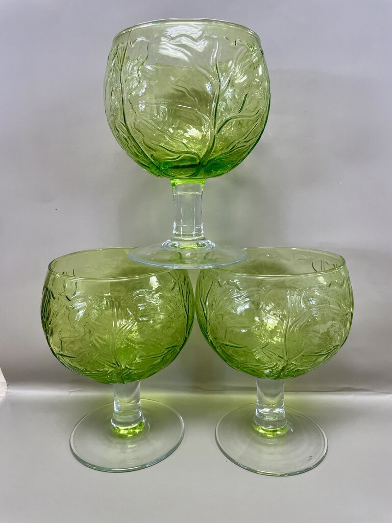 VINTAGE GREEN CABBAGE GOBLET GLASSES SET OF 3