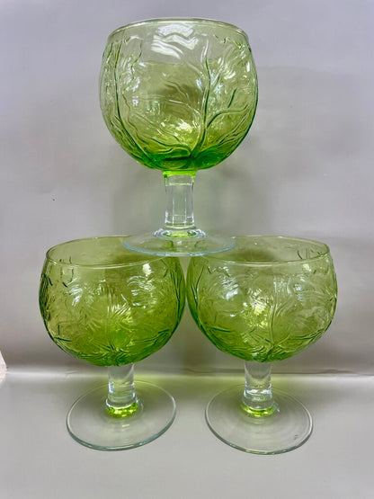 VINTAGE GREEN CABBAGE GOBLET GLASSES SET OF 3