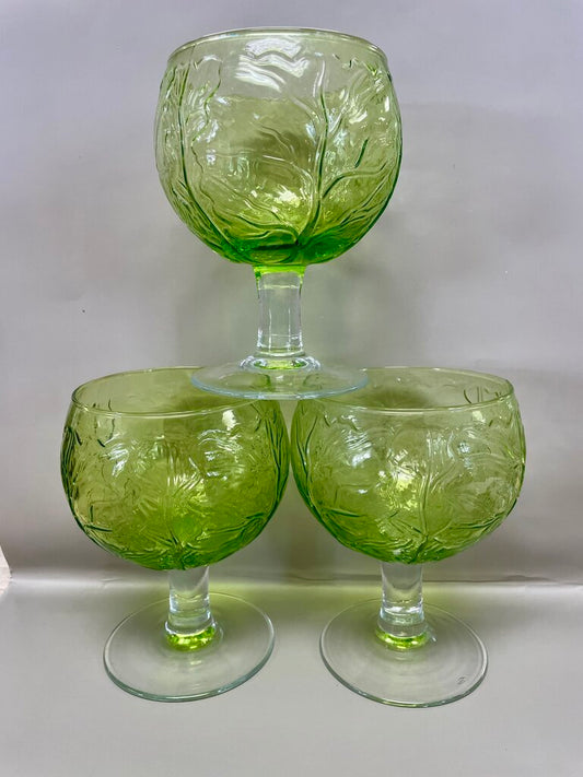 VINTAGE GREEN CABBAGE GOBLET GLASSES SET OF 3