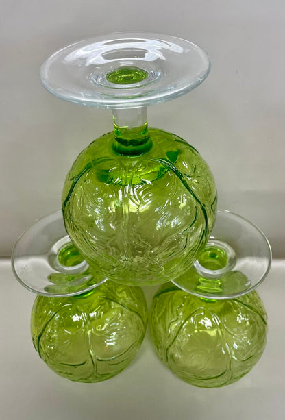 VINTAGE GREEN CABBAGE GOBLET GLASSES SET OF 3