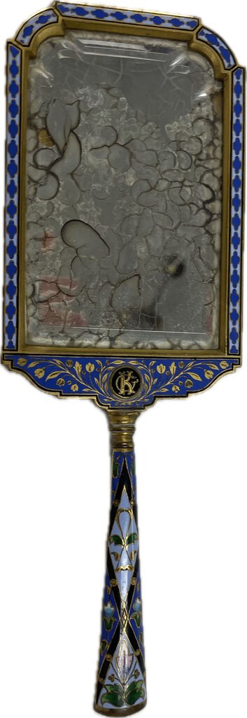 VINTAGE BRASS AND ENAMEL HANDHELD MIRROR