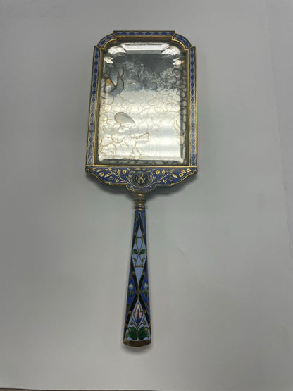 VINTAGE BRASS AND ENAMEL HANDHELD MIRROR