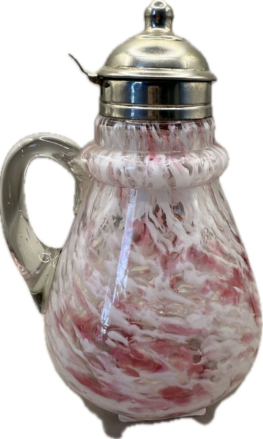 VINTAGE PINK AND WHITE GLASS SYRUP PITCHER