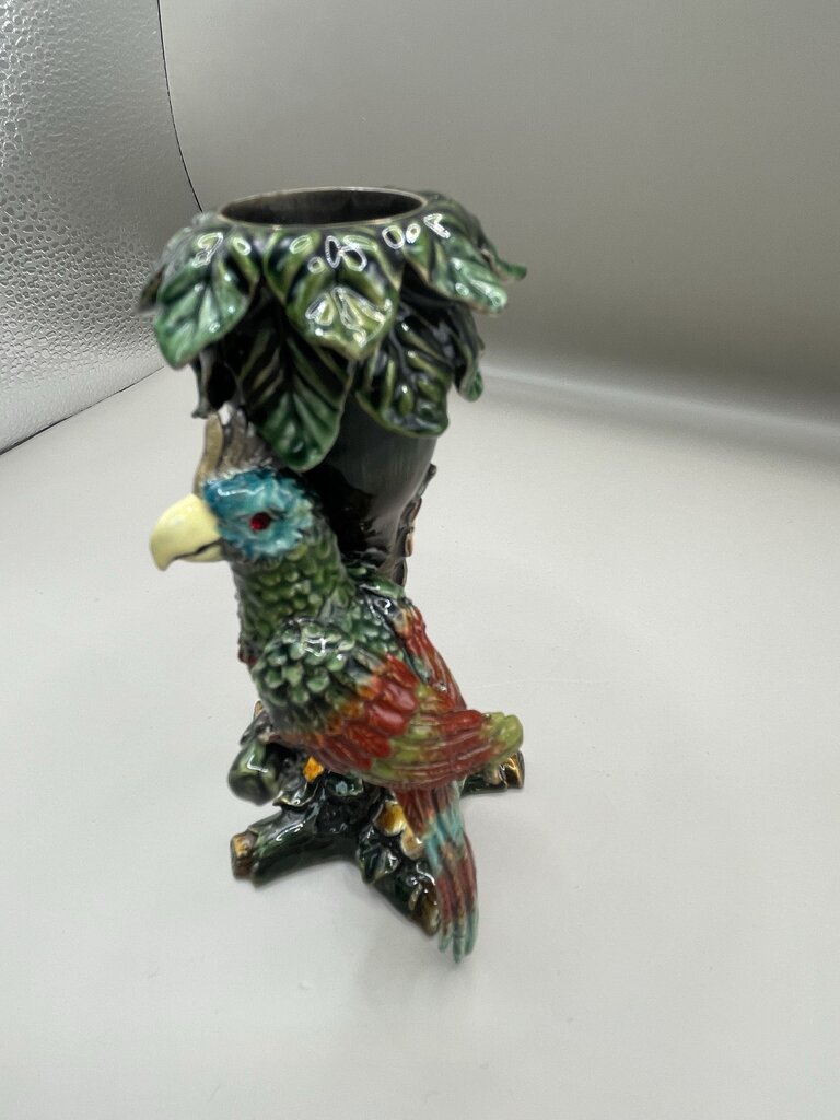SAKS FIFTH AVE AUSTRIAN CRYSTAL AND ENAMEL PARROT CANDLE HOLDER