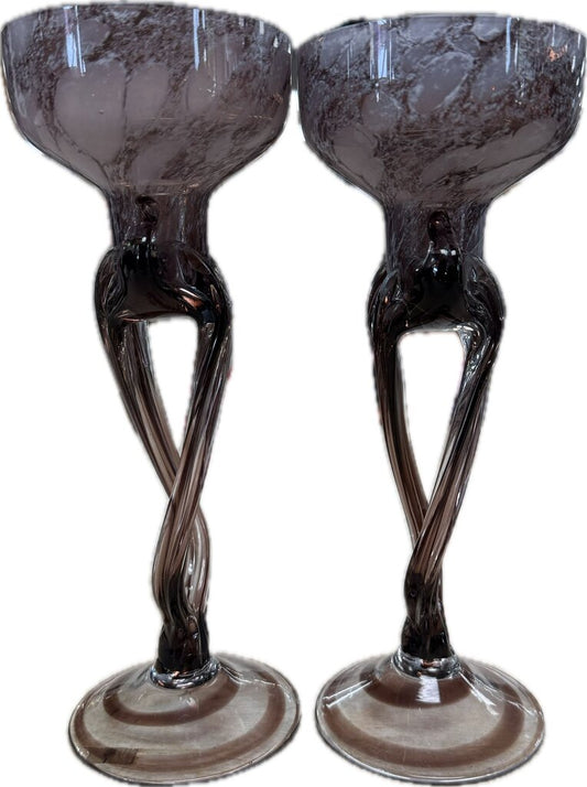 MAKORA KROSNO PURPLE GLASS GOBLET PILLAR OR TAPER CANDLE STICK HOLDERSET OF 2