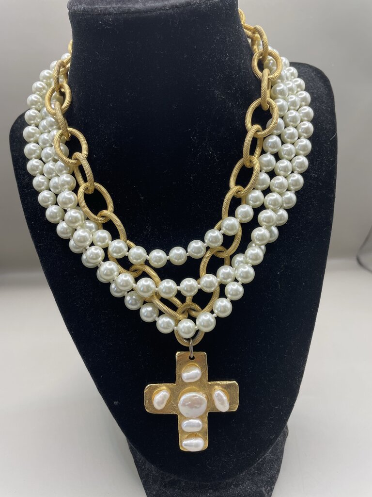 SUSAN SHAW PEARL CROSS MULTI STRAND NECKLACE