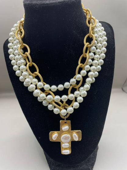 SUSAN SHAW PEARL CROSS MULTI STRAND NECKLACE