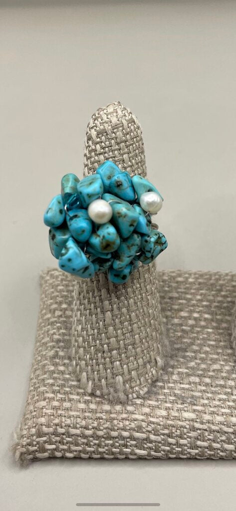 TURQUOISE AND PEARL SILVER RING