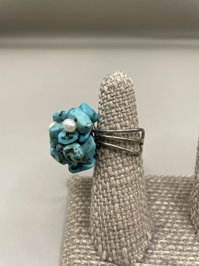 TURQUOISE AND PEARL SILVER RING
