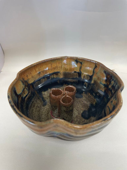 SIGNED FLOWER FROG POTTERY BOWL