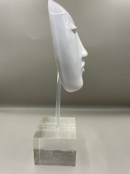 VINTAGE WHITE PORCELAIN FACE SCULPTURE ON LUCITE BASE