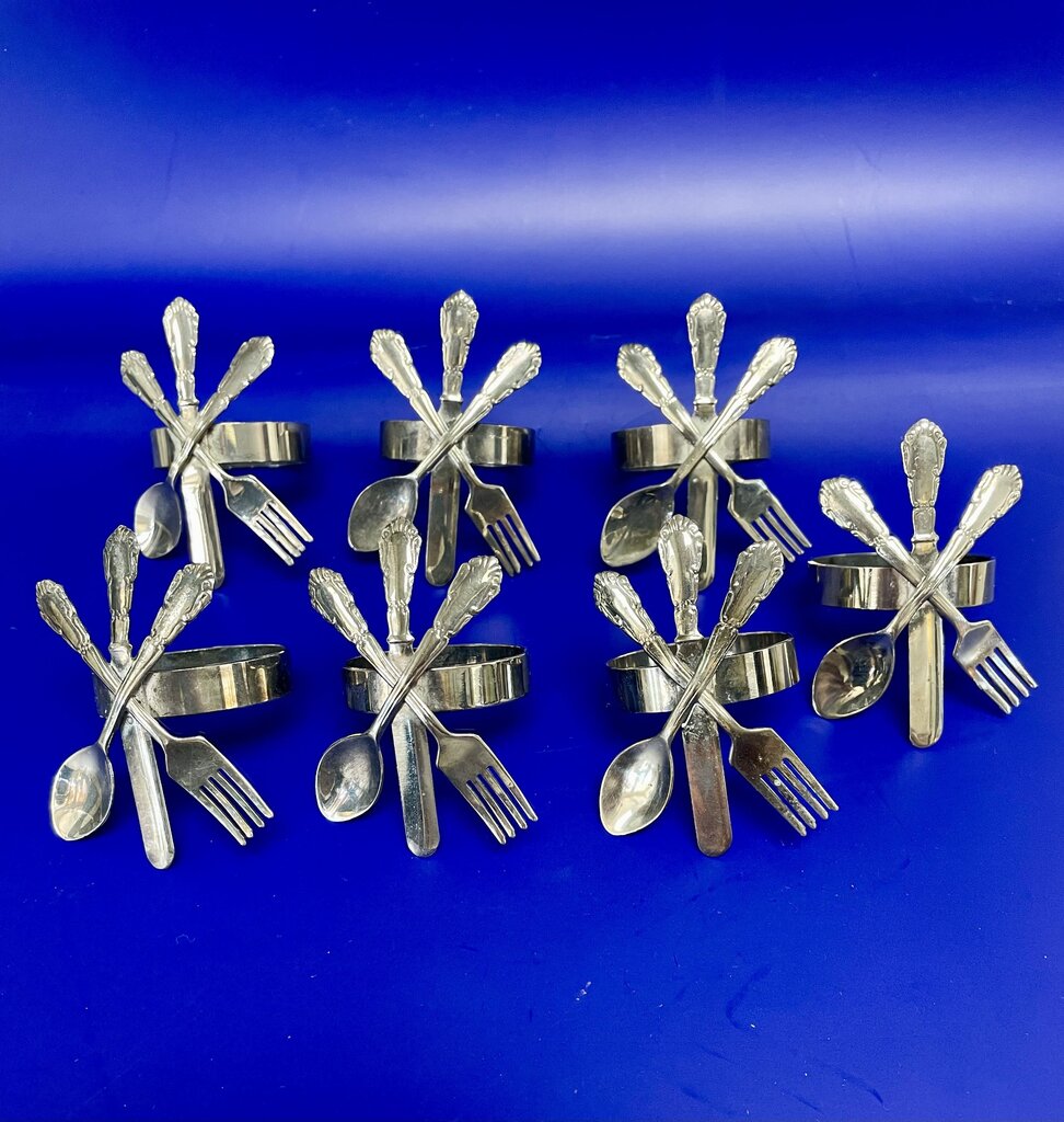 SILVER PLATED FORK KNIFE AND SPOON NAPKIN RINGS SET OF 7