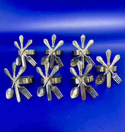 SILVER PLATED FORK KNIFE AND SPOON NAPKIN RINGS SET OF 7