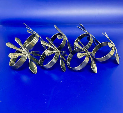 SILVER PLATED FORK KNIFE AND SPOON NAPKIN RINGS SET OF 7
