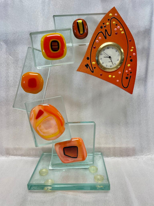 LUCITE FUSED GLASS CLOCK ART SIGNED