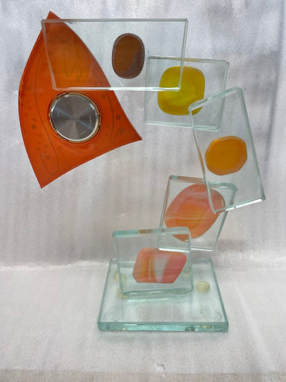 LUCITE FUSED GLASS CLOCK ART SIGNED