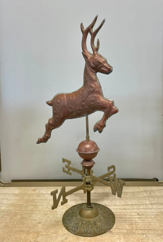 RARE VINTAGE COPPER AND BRASS DEER STAG WEATHERVAVE AND WIND INDICATOR