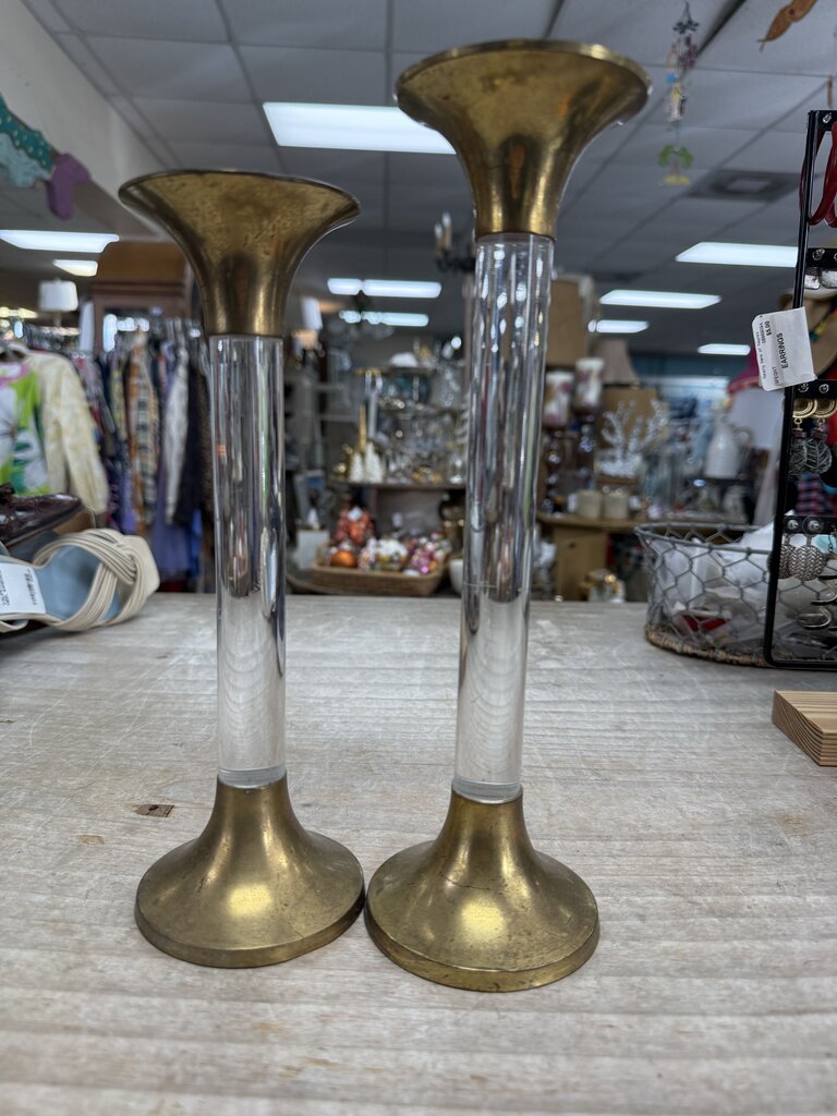 VINTAGE BRASS AND LUCITE CANDLE HOLDERS SET OF 2