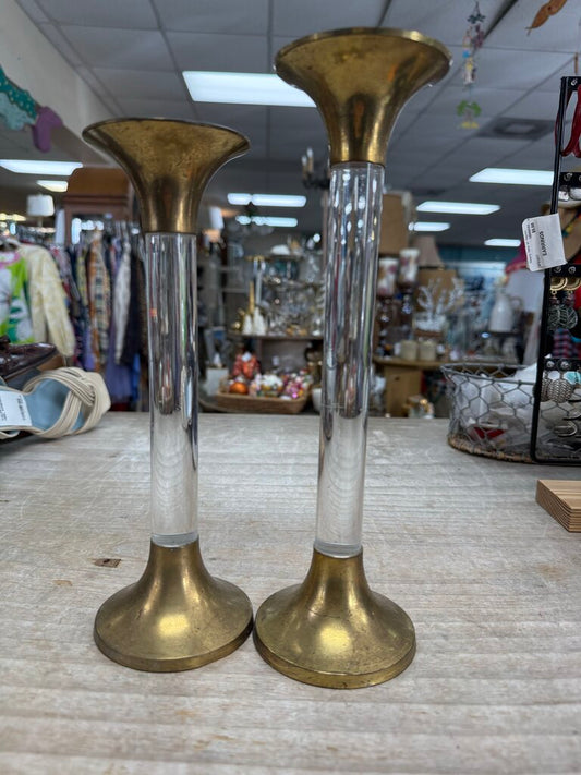 VINTAGE BRASS AND LUCITE CANDLE HOLDERS SET OF 2