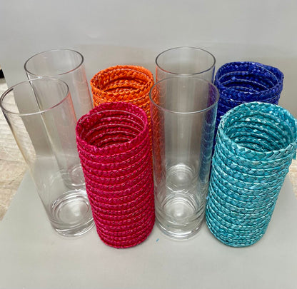 COLORFUL SEAGRASS WRAPPED GLASSES SET OF 4