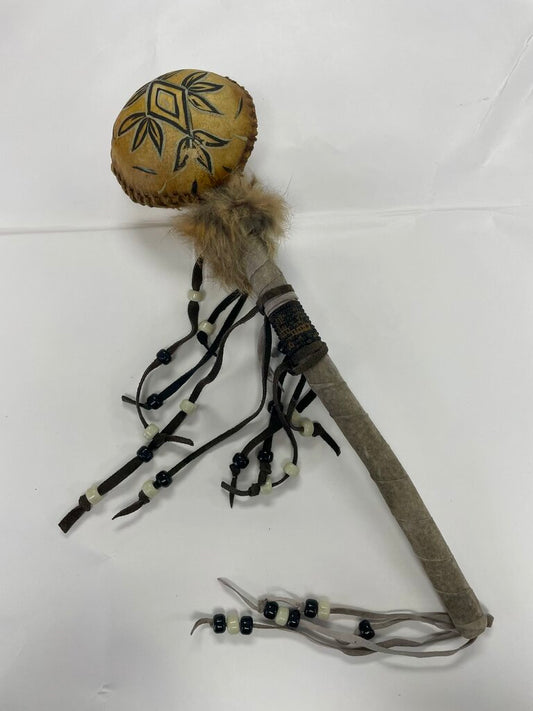 NATIVE AMERICAN HIDE BEATER WITH BEADS AND FUR