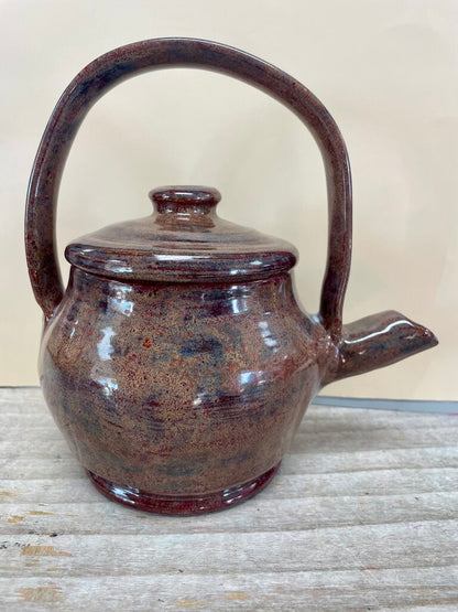 SIGNED POTTERY TEA KETTLE RED BROWN