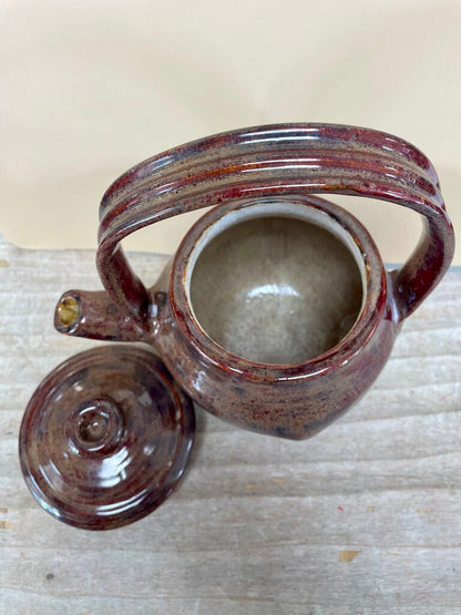 SIGNED POTTERY TEA KETTLE RED BROWN