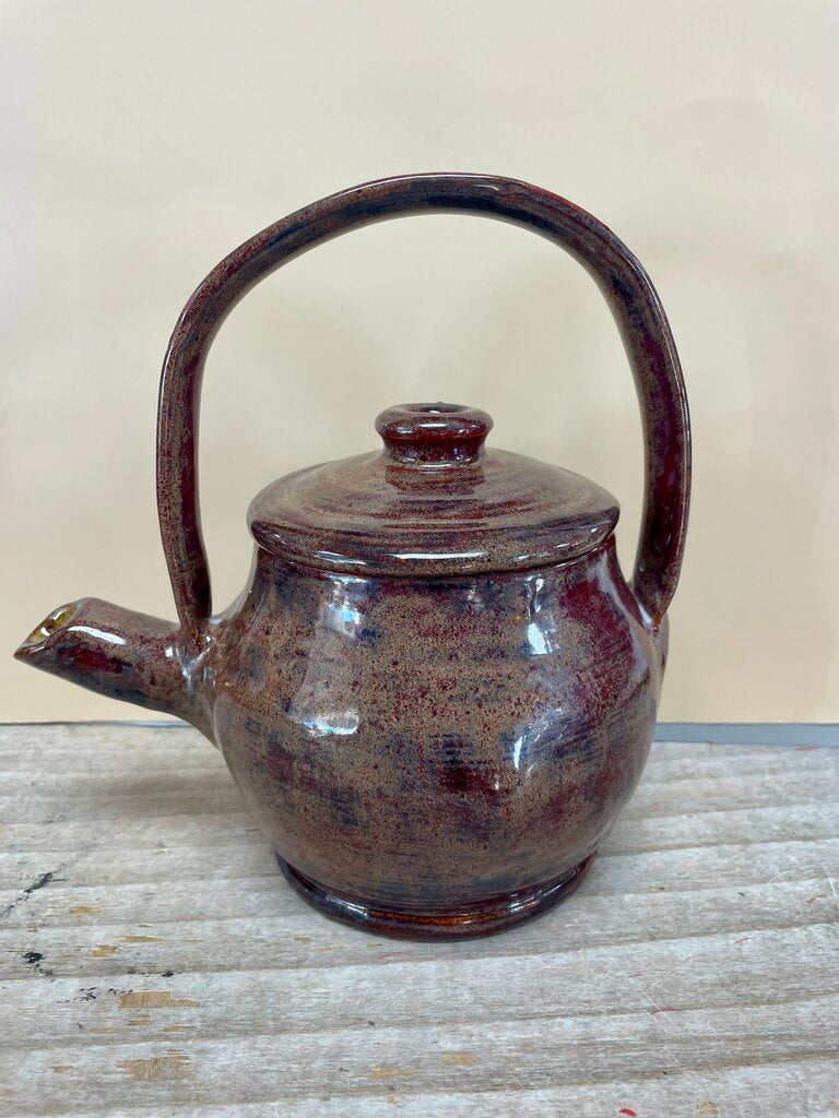 SIGNED POTTERY TEA KETTLE RED BROWN