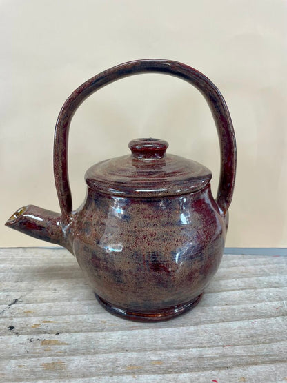 SIGNED POTTERY TEA KETTLE RED BROWN