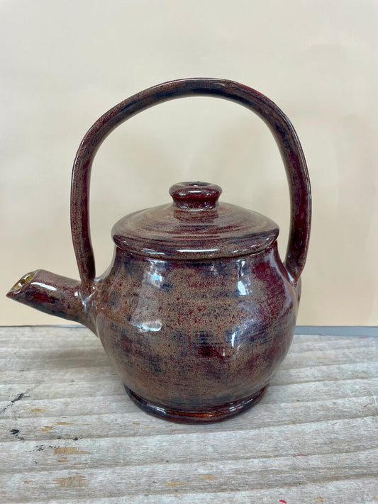 SIGNED POTTERY TEA KETTLE RED BROWN