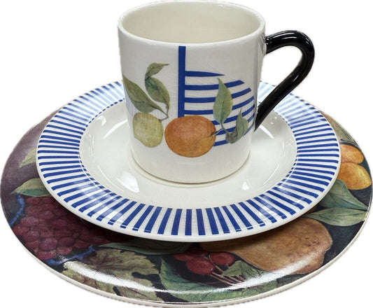 GIEN FRANCE LA RONDE DES FRUITS DESSERT PLATES, CUP AND SAUCER