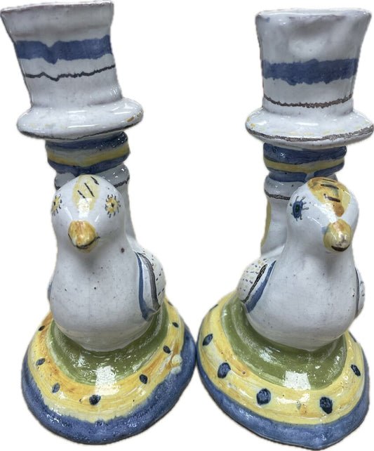 VINTAGE POTTERY BIRD POTTERY MADE IN PORTUGAL CANDLE STICK HOLDER SET OF 2