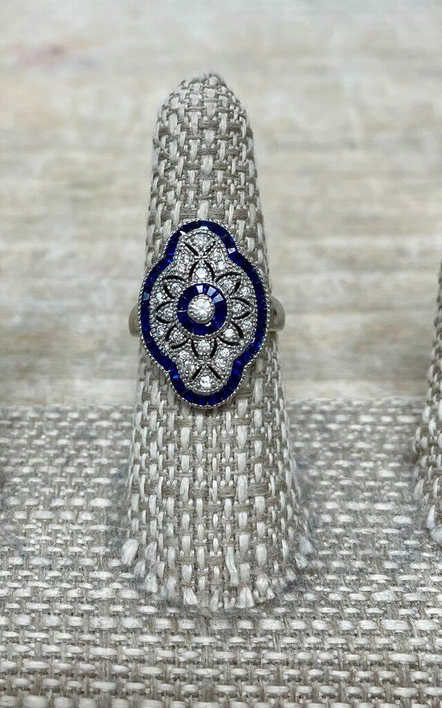 STERLING SILVER LAB CREATED WHITE AND SAPPHIRE ART DECO STYLE RING SIZE 8 BLUE