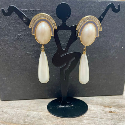 GIVENCHY ENAMEL RHINESTONE AND PEARL TEARDROP DANGLE RUNWAY COUTURE CLIP ON EARRINGS