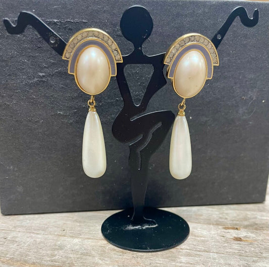 GIVENCHY ENAMEL RHINESTONE AND PEARL TEARDROP DANGLE RUNWAY COUTURE CLIP ON EARRINGS