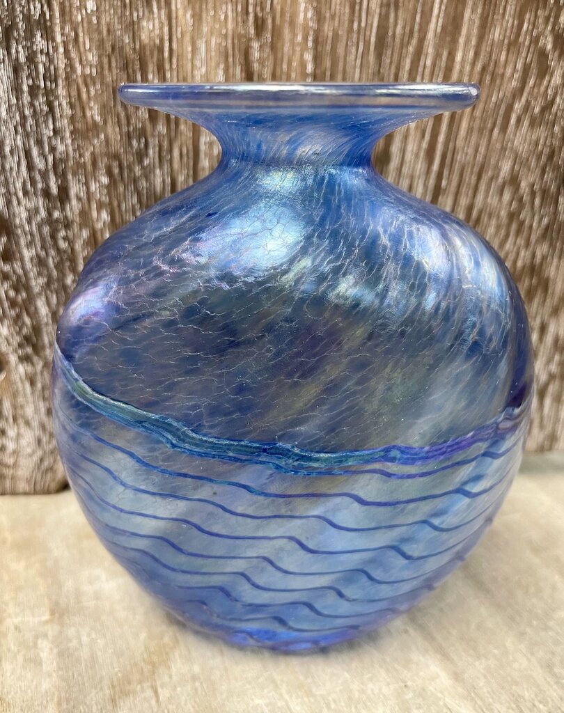 HANDMADE ROBERT HELD GLASS BLUE SWIRL OVAL VASE