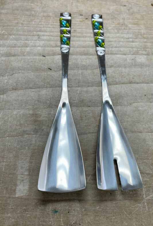 BLUE AND GREEN BEADED SALAD SERVERS