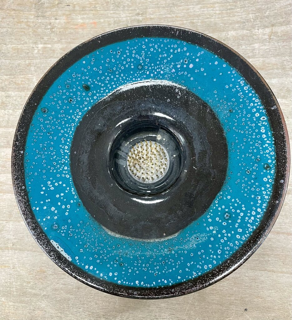AQUA AND BLACL CERAMIC FLOWER FROG 8"