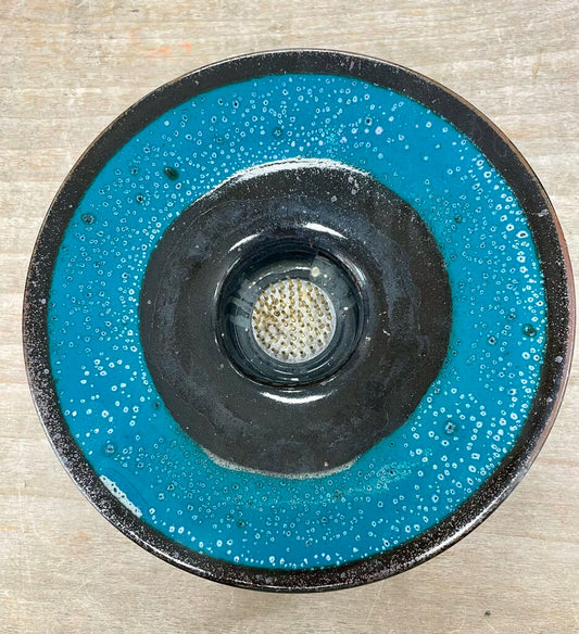 AQUA AND BLACL CERAMIC FLOWER FROG 8"