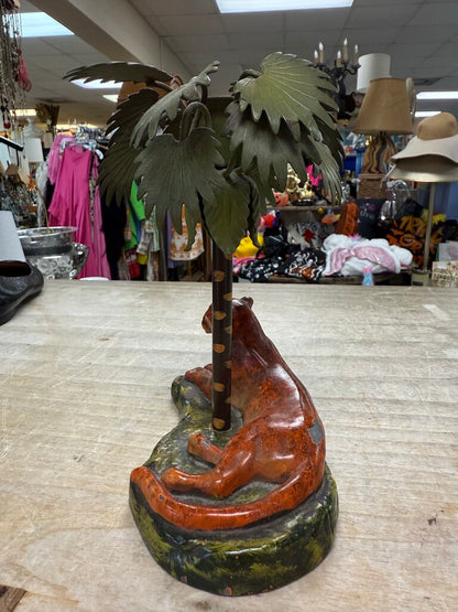 VINTAGE CAST METAL LEOPARD AND PALM TREE CANDLE HOLDER