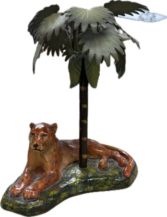 VINTAGE CAST METAL LEOPARD AND PALM TREE CANDLE HOLDER