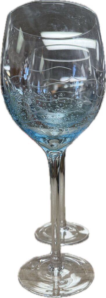 ETCHED FISH AND BLUE BUBBLE WINE GLASSES SET OF 2
