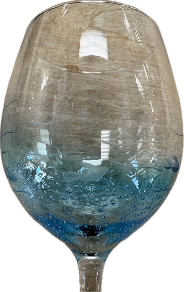 ETCHED FISH AND BLUE BUBBLE WINE GLASSES SET OF 2
