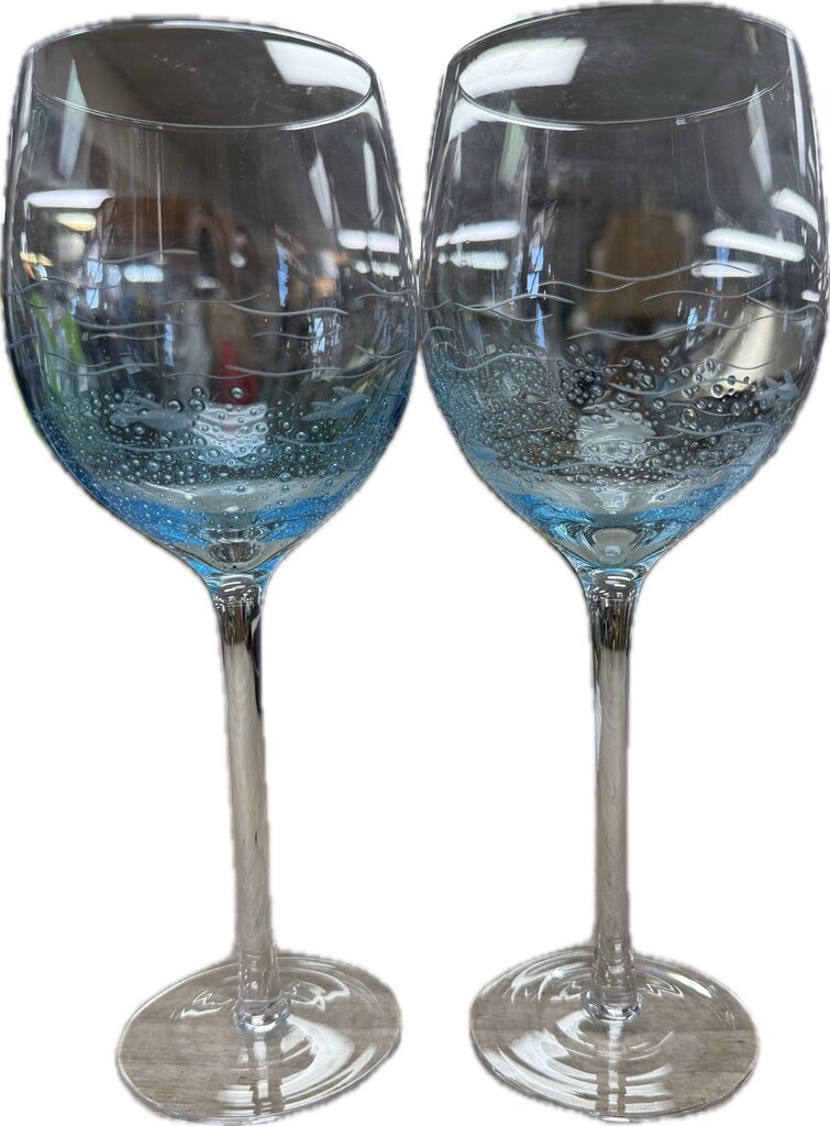 ETCHED FISH AND BLUE BUBBLE WINE GLASSES SET OF 2