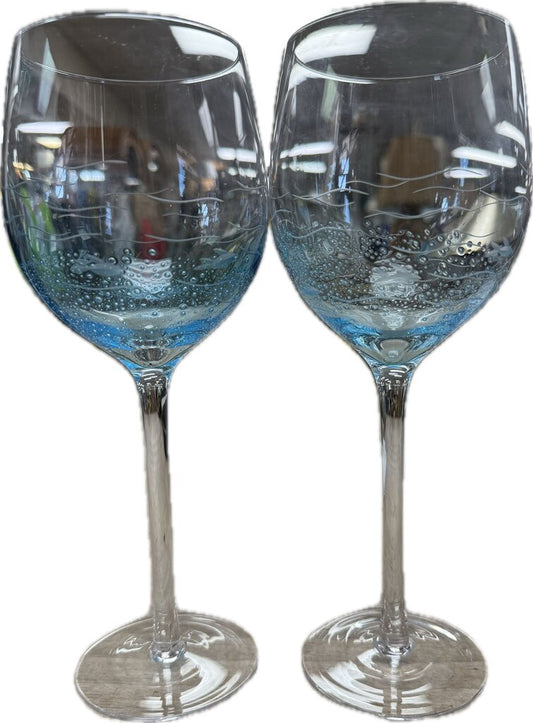 ETCHED FISH AND BLUE BUBBLE WINE GLASSES SET OF 2