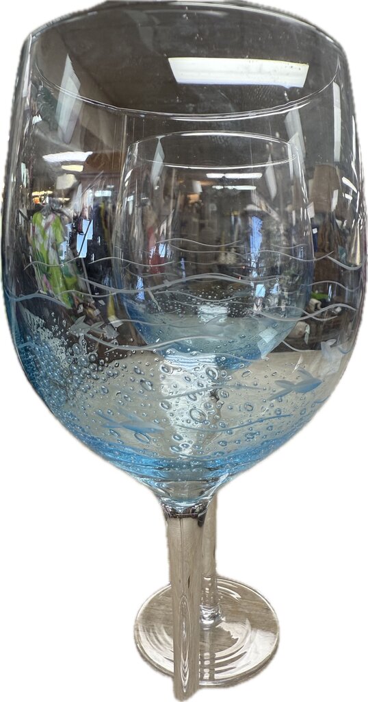 ETCHED FISH AND BLUE BUBBLE WINE GLASSES SET OF 2