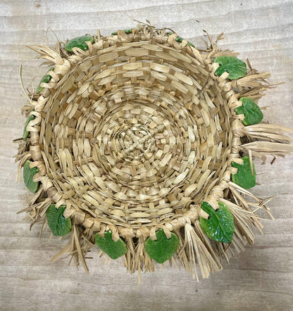 HAND WOVEN BASKET WITH CERAMIC LEAFS