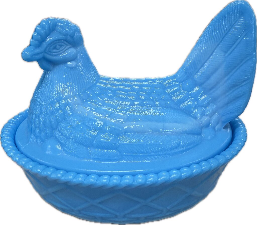 VINTAGE BLUE GLASS HEN DISH