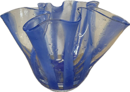BLUE AND CLEAR GLASS HANDKERCHIEF VASE